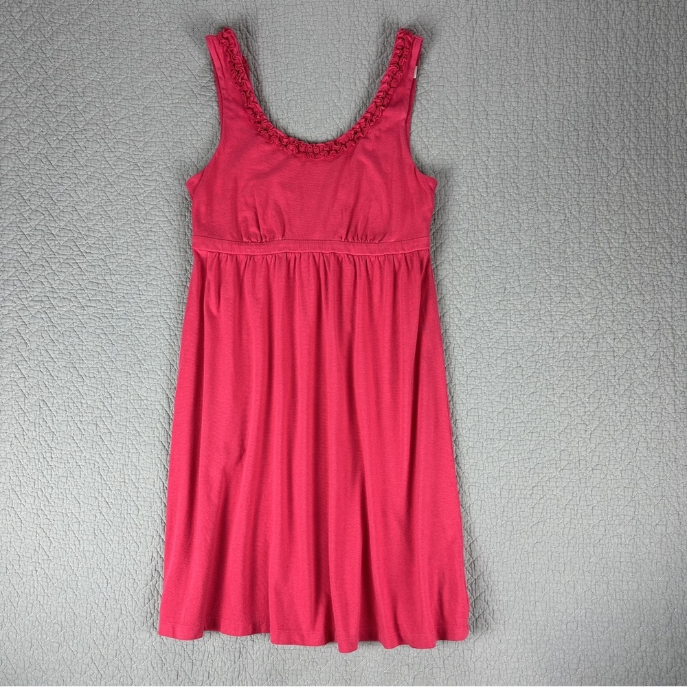LOFT Pink Cotton Dress with Empire Waist and Scoop Floral Ruffle Neckline - Picture 2 of 10